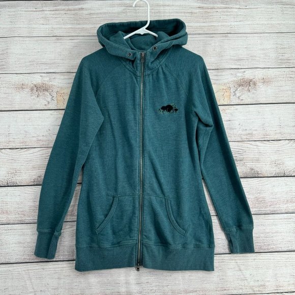 Roots‎ Canada Full Zip Beaver Hoodie Sweatshirt Women's Size M Long Blue/Green - Picture 1 of 12